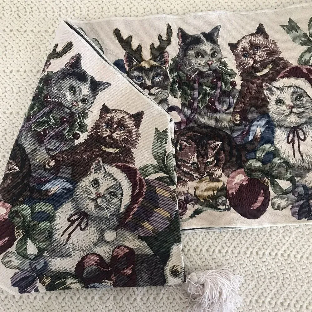 Vintage Cats Kitties Tapestry Table Runner Christmas Mischief Holiday 69 in.
